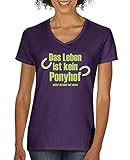 Comedy Shirts - Das Leben ist kein Ponyhof - Damen V-Neck T-Shirt - Lila/Hellgrün-Beige Gr. S