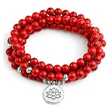 Frau Mala Halskette& Armbänder Rot Howllite Stone 6mm Perlen Yoga Armband Buddha Lotus 108 Perlen Yoga Armbänder Schmuck Böse Spirituosen Geld Zeichnung Reichtum Vermögen (Farbe : Life Tree Charm)