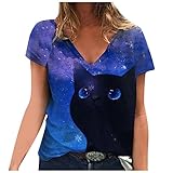 NHNKB Casual Oberteile Plus Größe Frauen Kurze Ärmel Bedruckt V-Ausschnitt Tops Tee T-Shirt Bluse Kurzarm Katze Arbeit L