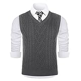 Shujin Herren Pullunder V-Ausschnitt Comfort Fit Strickweste Ärmellose Weste Einfarbig Zopfmuster Gestrickte Weste Business Gentleman Golf Pullunder Tank Tops Gilet (Dunkelgrau,M)