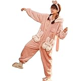 DXIUMZHP Pajamas Hooded Strampler Cute Cartoon Bunny Einteiliger Pyjama, Warmer Damen-Nachtwäsche-Overall Aus Korallenfleece (Color : Pink, Size : 72.5-85KG)