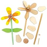 Baker Ross FE575 Blume Windmühle Holz Bastelset - 5er Pack, Windrädchen Basteln für Kinder, Kindergeburtstage oder Kinderg