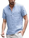 COOFANDY Herren Baumwolle Leinen Henley Shirt Langarm Hippie Casual Beach T-Shirts,Blau,M