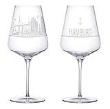 2er Set Weinglas Hamburg in schöner Geschenkbox | Hochwertiger Siebdruck im eleganten Ätzweiß, detaillierter als Gravur | Geschenkidee für Muttertag, Vatertag, Geburtstag | MADE IN GERMANY