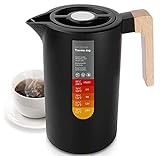 YUANJ Thermoskanne 1L, Stainless Steel 304, Vakuum Kaffeekanne mit Holzgriff, Edelstahl Doppelwandig Isolierkanne (Quick Press Verschluss, 12h heiß, 24h kalt) (Schwarz)