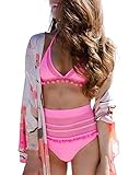 Minetom Damen Push Up Bikini-Sets Badeanzug Sexy Hohe Taille Neckholder Bandeau Tankini Bademode Strand Swimsuits Badebekleidung Mit Quaste Rose DE 42