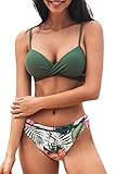 CUPSHE Damen Bikini Set Push Up Crossover Bikini Bademode Blumenmuster Zweiteiliger Badeanzug Swimsuit Salbeigrün M