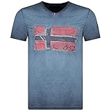 Geographical Norway JOASIS Herren T-Shirt Baumwolle Casual – T-Shirt Bedruckt Logo Grafik – Kurze Ärmel – V-Ausschnitt Regular Fit Herren (Marine, L)