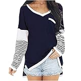 Damen V-Ausschnitt Gestreifte Spleißen Bottoming Shirt Casual Langarm Strick Tasche Oberteil Herbst Lose Top（Blau，L）