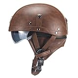 Oldtimer Motorradhelm Retro Leder Halbhelm Deutscher Stil Roller Cruiser Chopper Anti-Collision Helm mit Visier DOT Zertifiziert Roller-Helm Scooter-Helm Mofa-Helm Motorrad HalfHelm B,56~61