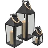 3tlg. Modisches Laternen-Set in Schwarz H24/41/55cm Metalllaterne Gartenlaterne Laterne Windlicht mit Aufhängung Metallgestell mit Glasfenstern Kerzenhalter Gartenbeleuchtung Dek