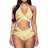 Calvinbi Damen Fashion Sexy Temptation Dessous Spitzenhalsband Babydoll Unterwäsche(1X BH + 1X Höschen)