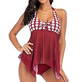 Overdose Tankinis Damen Polka-Punkt Push-up Gepolstert Neckholder Badekleider Mesh Transparenter Unregelmäßiger Saum Bademode Badeanzug Bikinis Frauen Swimwear Zweiteilige Tankini Sets mit Slip