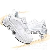 4 Rad Verstellbare Rollschuhe Deformation Schuhe Rollen Quad Sportschuhe 2 in 1 Mehrzweckschuhe Schuhe Mit Rollen Skateboardschuhe Inline-Skate Lazy Travel Mode (Low White, 37)