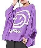 YESNO Damen Casual Lose Sweatshirt Übergröße Pullover Tops Cute Smile Face Printed Rundhals Langarm WN6 - Wei� - X-Larg