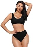 SHEKINI Damen Bikini Set Sportlich Weste Klassisch Rückenfrei Bikinioberteil Zweiteiliger Badeanzug High Waist Bikinihose Bademode für Frauen （S, Schwarz）