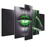 Revolio Leinwandbild Wandbilder Wohnzimmer Modern Kunstdruck Wanddekoration Deko Mehrteilige Leinwand Bilder 5 Teilig TYP A, 150 x 100 cm - Grafik Mund Frau Grün G