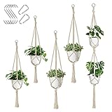 Makramee Blumenampel, 5er Set Blumenampeln Zum Aufhängen, Baumwollseil Hängeampel Beige, Hängetopf für Pflanzen, Blumenampel für Innen, Außen, Garten, Balkon, Fenster, Wohnzimmer (3 Größen)