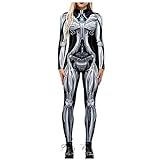 ROYIYI Jumpsuit Halloween Kostüm Damen Skelett Overall Jumpsuit Knochen Skeleton Anzug Karneval Fasching (T1, XL)