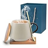 Kaffeetassen aus Keramik mit Löffel, Teetasse aus Keramik mit Deckel 450 ml Cappuccinotasse matt mit Untersetzer Geschenk-Set Tasse für heiße Getränke Kaffee T