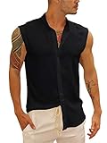 Gemijacka Herren Hemd Ärmelloses Stehkragen Baumwollenhemd Sommer Sleeveless Shirt für Herren Urlaub Freizeit Hemdbluse Unisex Schwarz L