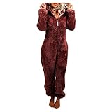 BaZhaHei Bademantel Damen Jumpsuit Schlafanzug Hausanzug Einteiler Winter Warm Fleece Kuschelig Lang Schlafoverall Pyjama mit Kapuze & Reißverschluss Strampelanzug Loungew