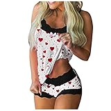 unilarinna Damen Pyjamas 2 Stück Cami Tops Valentinstag Drucken NachtwäSche Übergroßes Casual Unterwäsche Reizw