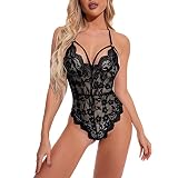 Sxglamr Damen Sexy Dessous Tiefer V Teddy Body Einteiler Spitze Babydoll, schwarz, Larg