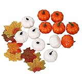 62 PCS Künstliche Kürbisse Ahorn Ernte Herbstdekoration – 12 Stück Herbst Kürbisse und 50 Stück Ahornblätter, Schaum Mini Kürbisse für Hochzeit Herbst Erntedankfest Bauernhausdek
