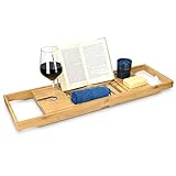 Navaris Bambus Badewannenablage ausziehbar - mit Buch iPad Stopper Handy Ablage Weinglas Halterung - Tablett für die Badewanne - aus Holz in B