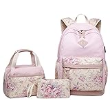 KaixinRoom 3-teiliges Rucksack-Set für Teenager Mädchen, Leinendruck, Schulranzen, Laptop, Tagesrucksack, tragbare Lunchtaschen, Geldbörse Pink Pink/Floral (with USB Charging Port) Einheitsgröß