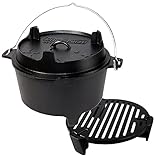 Grillfürst Dutch Oven ca. 9 Liter - stabil stehender Feuertopf durch speziell entwickelte T-Füße, hitzebeständiger Gusseisen Topf, Deckel als Pfanne nutzbar, DO 9 inkl. Stapelrost F