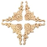 NC 4 Stück Holzschnitzerei-Zierleiste, Applikation, Eckaufkleber, Onlay für Tür, Schrank, Möbel, Rosen, unlackierte Skulpturen mit Zuhause, europäischer B