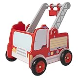labebe Rot Feuerwehrauto Lauflernwagen Holz Baby Push Pull Lauflernhilfe Spielzeug mit Rädern für Junge ab 1 J
