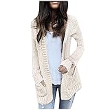 TT- Damen Langarm Strickjacke Elegant Strick Mantel Casual Open Front Grobstrick Strickjacke Herbst Winter Sweater Strickmantel Cardigan Outwear S-XXL mit Taschen Beige Rosa Grau (Beige, S)