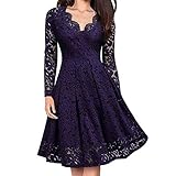 Damen Spitze Abendkleid Elegant Xmas Party Club Kleid Sommerkleid Hollow Out Partykleid Mesh Slim fit Kleider Figurformend Wickelkleid Knielang Cocktail Ballkleid (02-Lila, L)