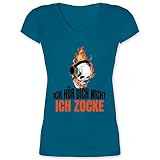 Nerd Geschenke - Ich hör Dich Nicht Ich zocke Totenkopf - XL - Türkis - T-Shirt - XO1525 - Damen T-Shirt mit V
