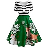 MRURIC Damen 1950er Vintage Retro Cocktailkleid Christmas Print Rockabilly Damenmode Patchwork Gestreiftes Vintage Maxikleid V-Ausschnitt Faltenrock