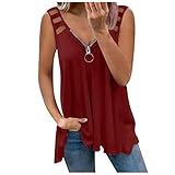 Ur_Ben Damen Tank Tops Schwarz Weiss lose Tops Bluse T-Shirt Falten Casual Solid Bluse Tops Damen Sexy V-Ausschnitt Kragen Reißverschluss(Wein,XL)