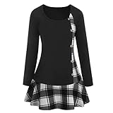 Lazzboy Frauen Plus Größen Plaid Volant Oberseiten Tunika Kariertes Panel Schatz Ansatz T-Shirt Damen Langarm Asymmetrisch Karo Top(Weiß,5XL)