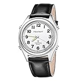 HEARKENT Atomuhr für Sehbehinderte, Quarz-Armbanduhr mit Edelstahl und Lederband, Geschenk für ältere Menschen oder blinde Menschen, Lederband, B