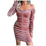 CEFGR Damen Partykleid Tiefem V-Ausschnitt Samtmaterial Langarm Abend Party Ballkleid Prom Maxi Abendkleid Bequemes Warmes Winterkleid (002#Rosa, M)