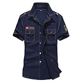 Freizeithemden,Herren Baumwolle Kurzarmhemd Slim-Fit Shirt Mode Jugend Militärstil Herren Trend, Königsblau, L