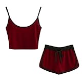 LuckyGirls Damen Tank Tops Ärmellos Riemen Sommer T-Shirt Camisole Crop Tops Weste + Jersey Shorts Basic Kurze Hose Shorts Outfit Set Sport Anzug (Burgundy, EU-40/CN-L)