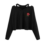 Amlaiworld Sweatshirts Rose Stickerei locker Sweatshirt Damen Blumen kurz Niedlich Pullover warm weich Herbst Pulli (S, Schwarz)