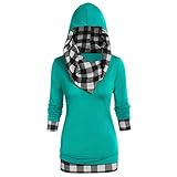 AKAIDE Damen Hoodies Casual Langarm Pullover Übergröße Plaid Sweatshirts Kapuzenpullover Mode Tops Baseball Hoodie Taschen T-Shirt Bluse Damen Pullover Weihnachten Gr. 54, grü