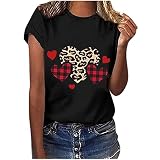 Masrin Valentinstag T Shirt Damen Mode Oberteile mit Karierte Leoparden Liebes Herz Grafik Kurzarm Tee Tops mit Rundhalsausschnitt Frühlings Herbst Basic Shirt All Match Tunika Bluse Paargeschenk