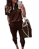 GUOCU Frauen Jumpsuit Schräg Schulterfrei Strand Kurzarm Hohe Taille Lange Overalls Strampler Sommer Lässig Einfarbig Lose Elegant Ein Stück Playsuit mit Taschen,Braun,XL