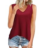 TniEWFBHSD Damen Tank Top Sommer Ärmellose Blusentop V-Ausschnitt Weste Top Casual Shirt Tops Bluse Einfarbig(01-Wein,Größe Mittel)