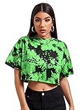 DIDK Damen Crop T-Shirt mit Batik Bauchfrei Sommershirt Tie Dye Oberteil Kurzarm Sommertop Grün L